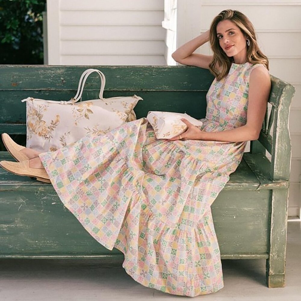 Coco Shop Round Neck Tiered Printed Dress Tofu Checkerboard Grid Pastel XS